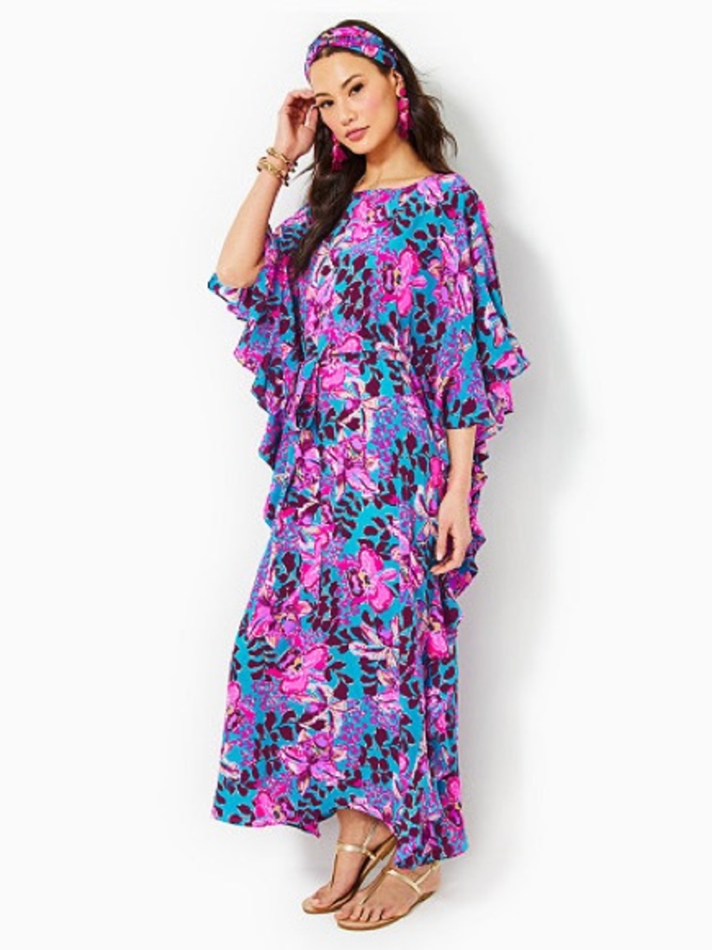 Lilly Pulitzer Monnae Silk Maxi Caftan - Blue Rhapsody Orchid You Not XXS/XS